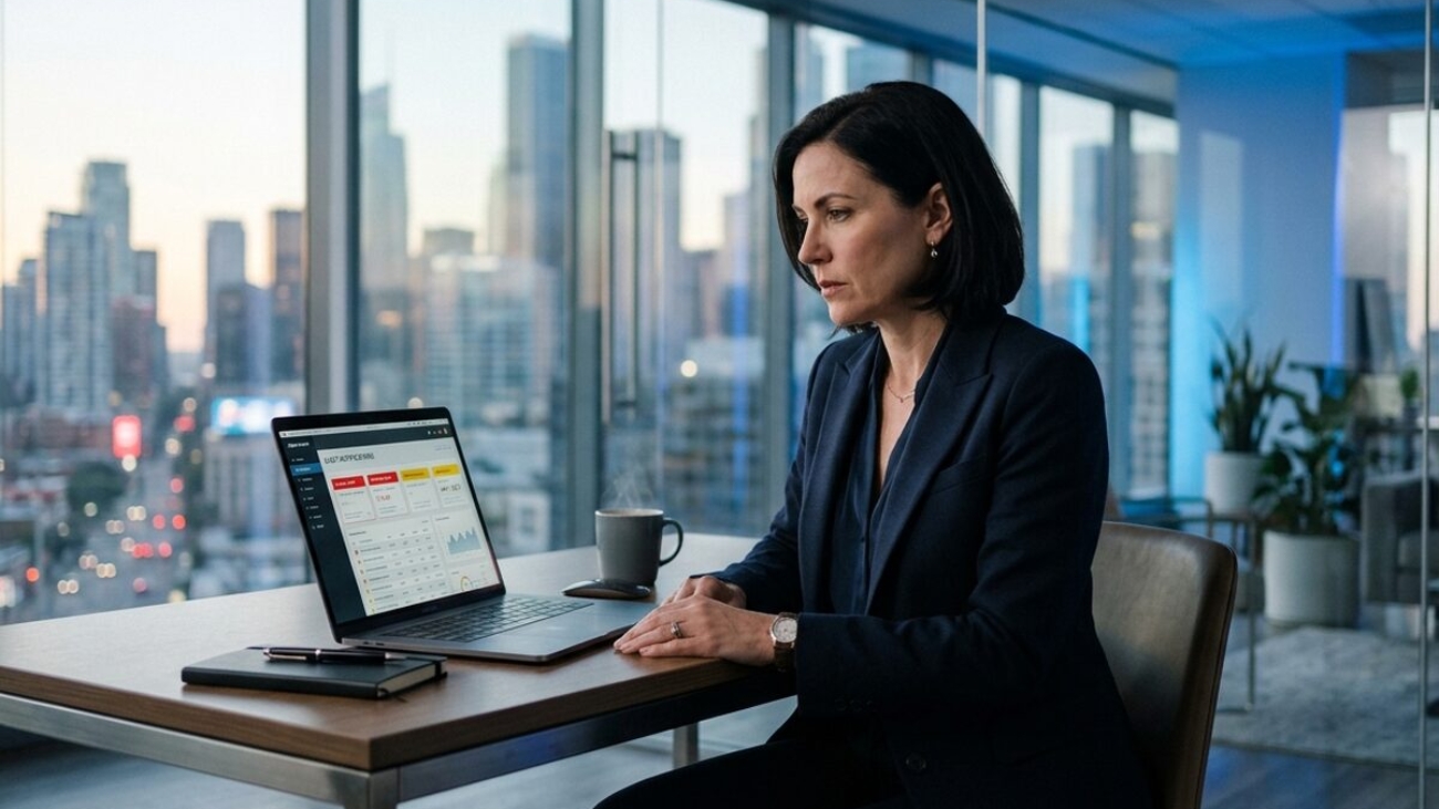 Business executive reviewing security alerts on a laptop in a modern office with blue accent lighting