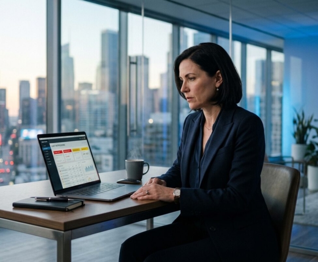 Business executive reviewing security alerts on a laptop in a modern office with blue accent lighting
