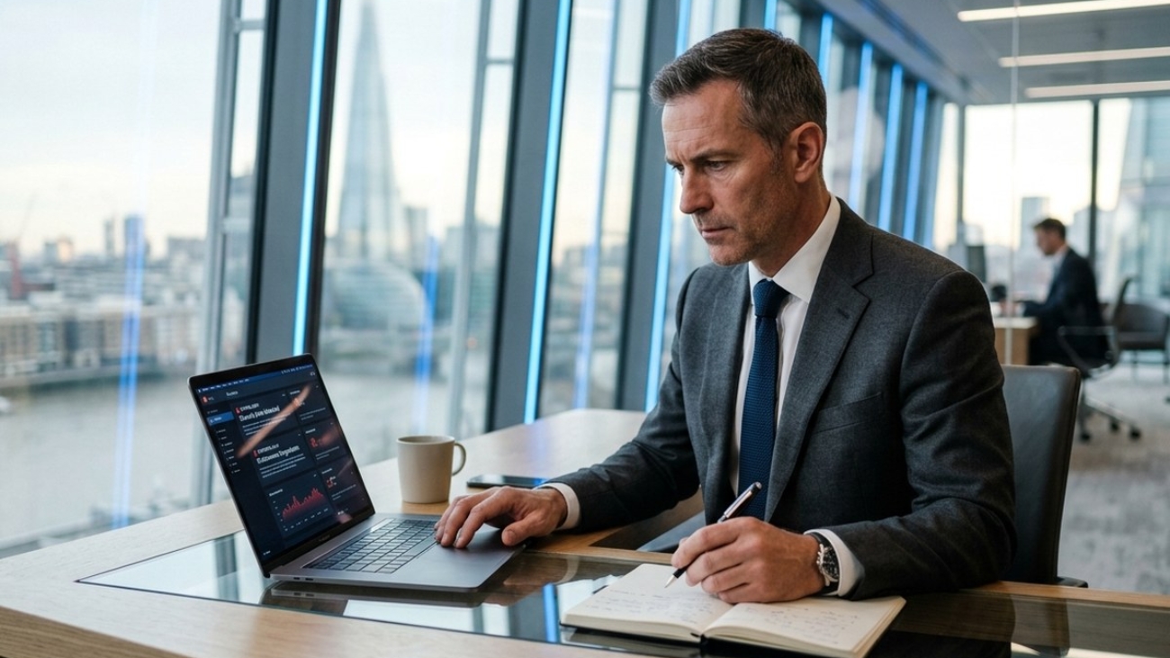 Business executive reviewing operational continuity documents at a conference table with a serious, focused expression