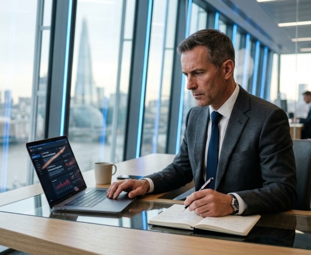 Business executive reviewing operational continuity documents at a conference table with a serious, focused expression