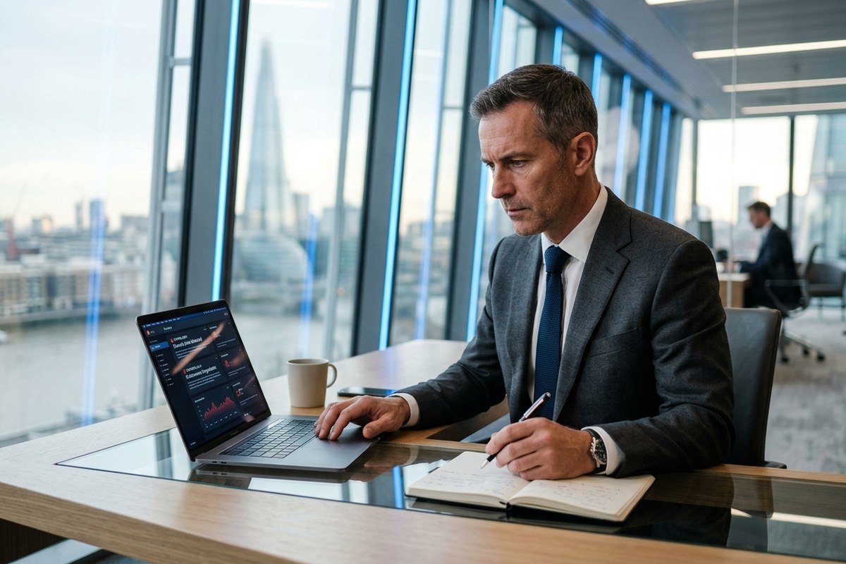 Business executive reviewing operational continuity documents at a conference table with a serious, focused expression