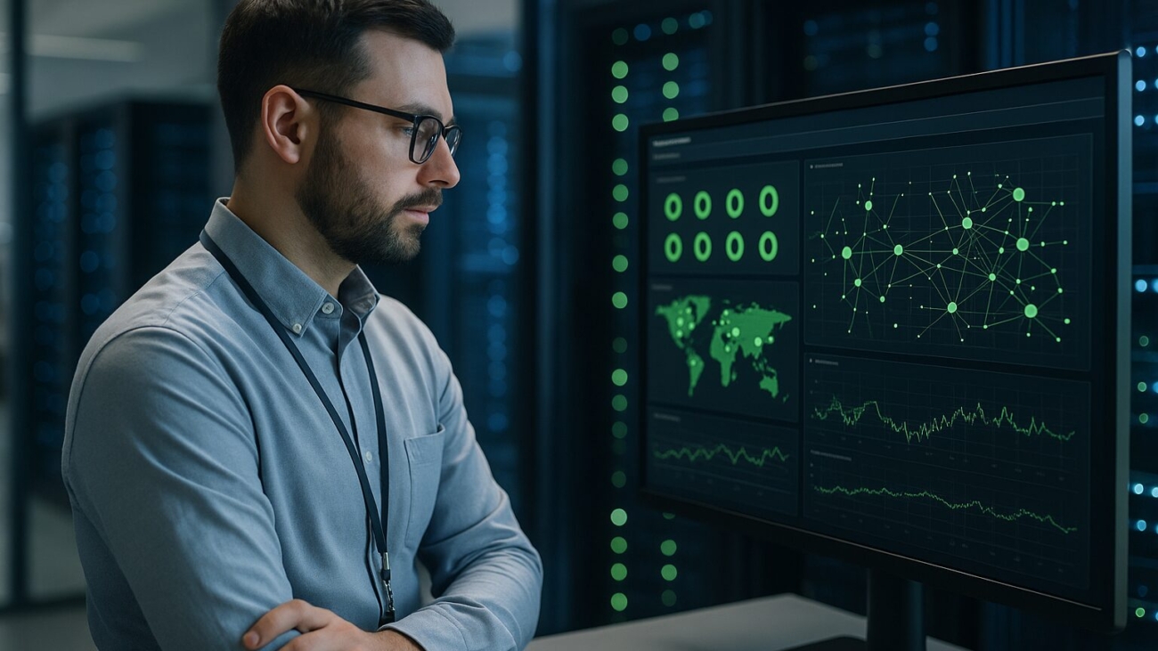 IT security professional reviewing security dashboard with green status indicators