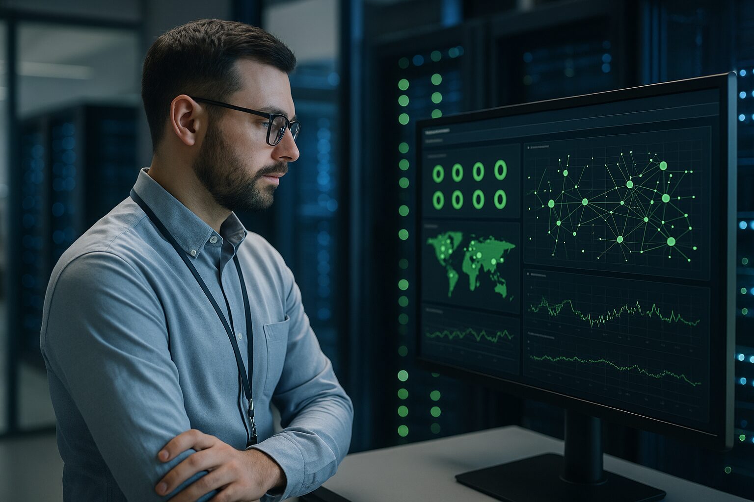 IT security professional reviewing security dashboard with green status indicators