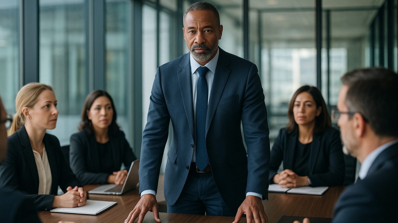 Business leader addressing colleagues in boardroom during crisis management session