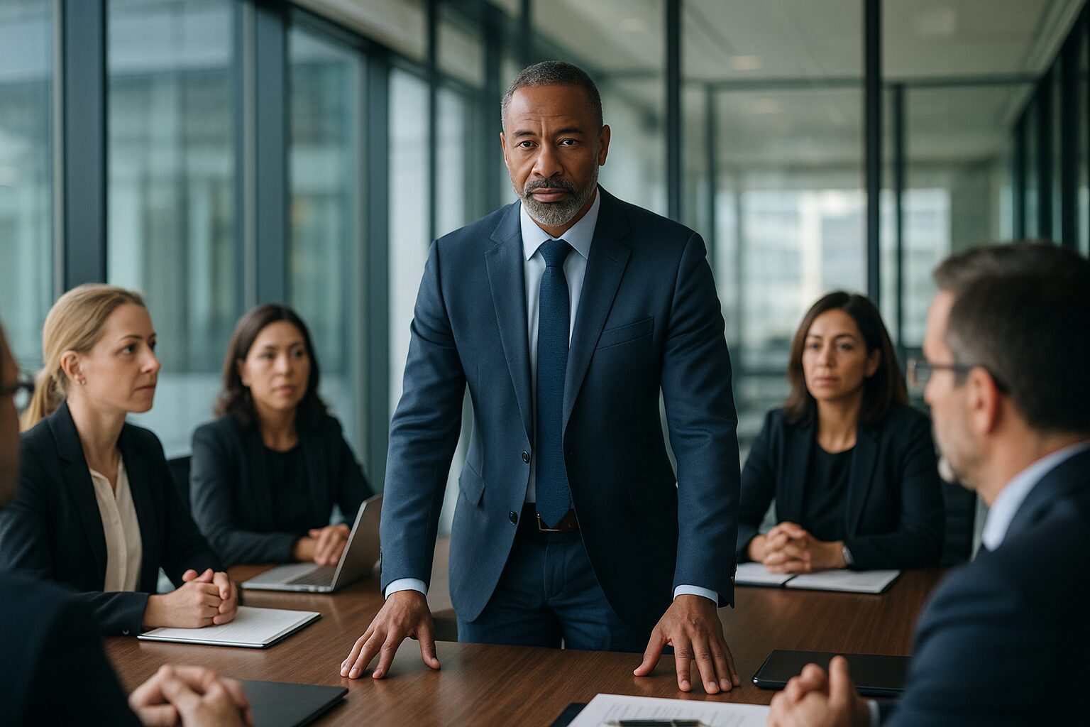 Business leader addressing colleagues in boardroom during crisis management session