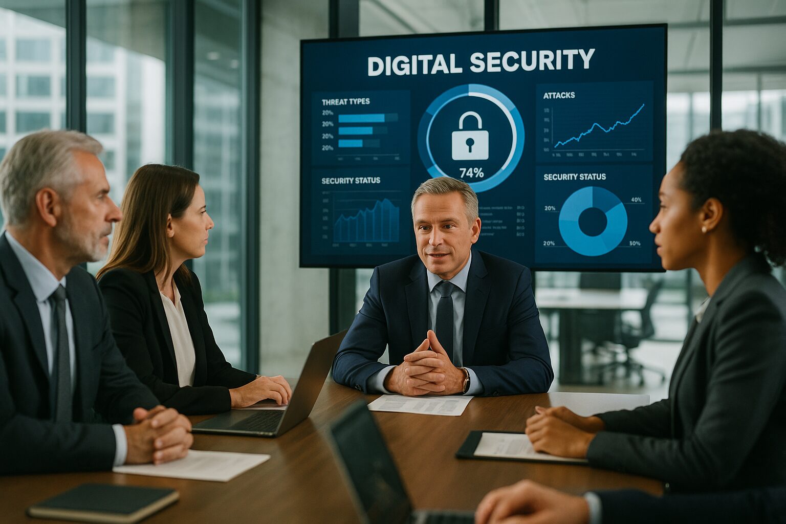 CEO and executive team reviewing cybersecurity metrics in a well-lit glass conference room.
