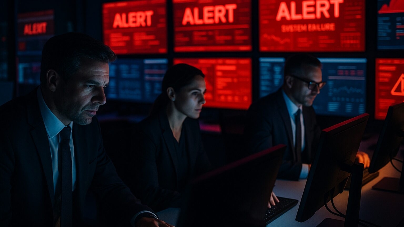 Corporate emergency operations center with red alert indicators on multiple screens