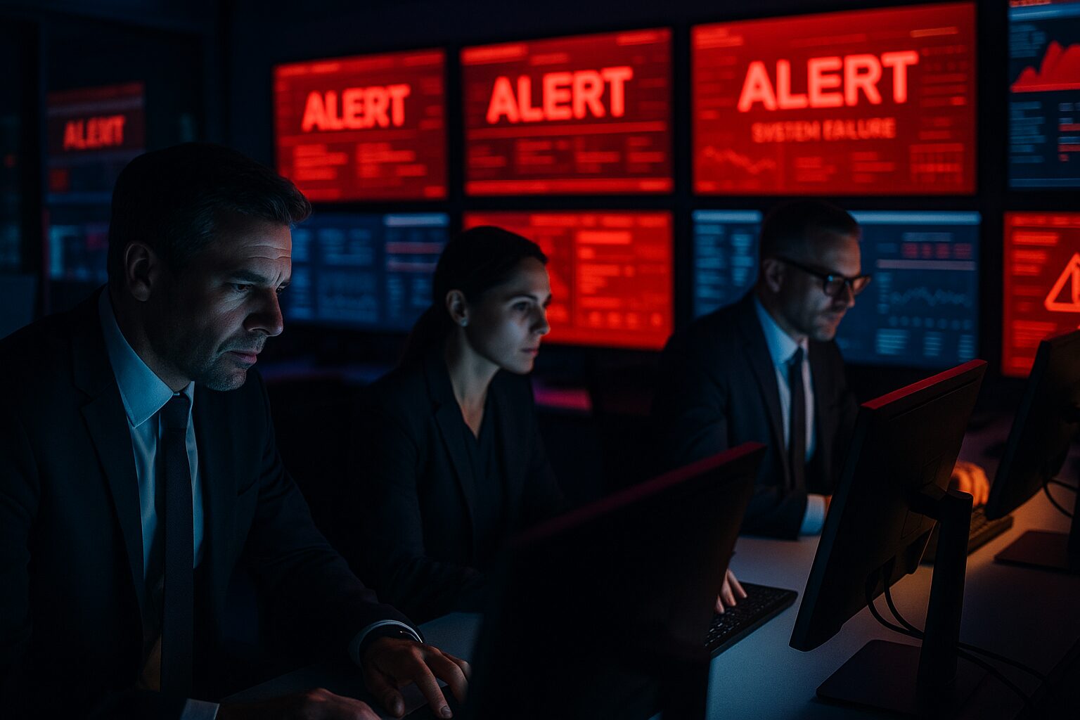 Corporate emergency operations center with red alert indicators on multiple screens