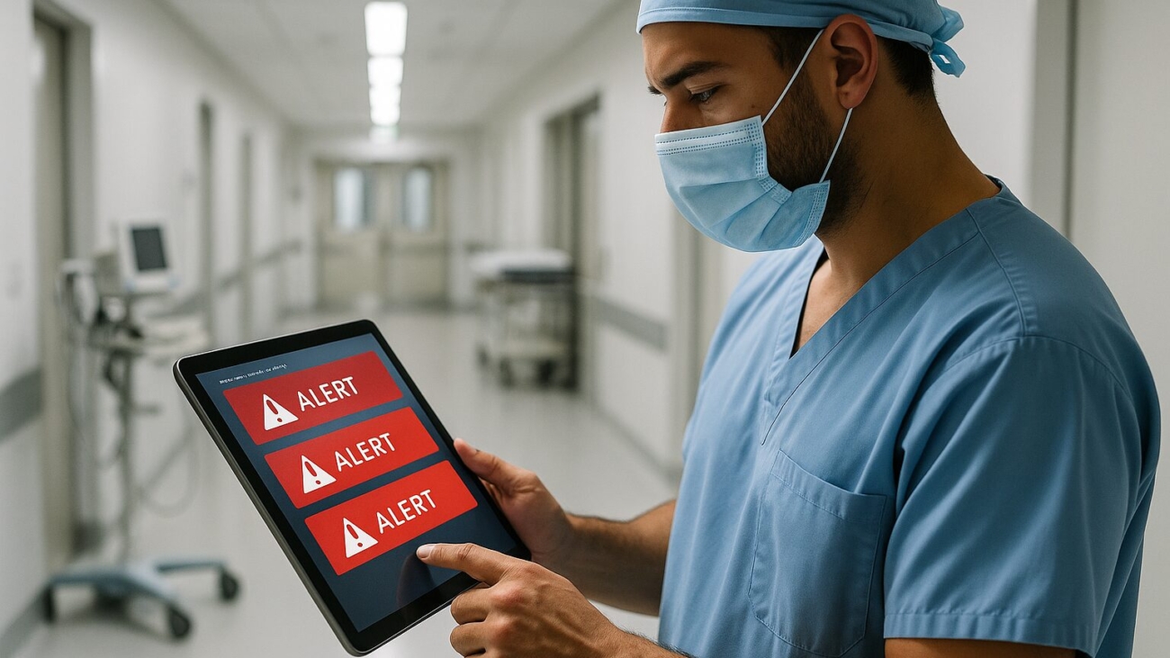 Healthcare professional examining medical system alerts on tablet in hospital corridor
