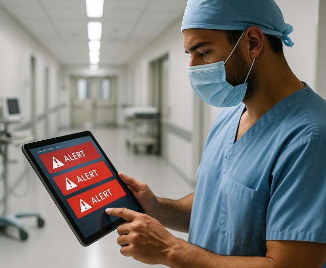 Healthcare professional examining medical system alerts on tablet in hospital corridor
