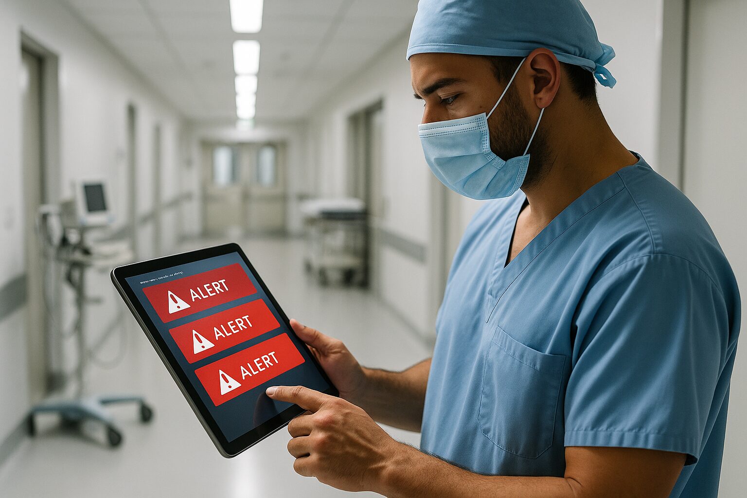 Healthcare professional examining medical system alerts on tablet in hospital corridor