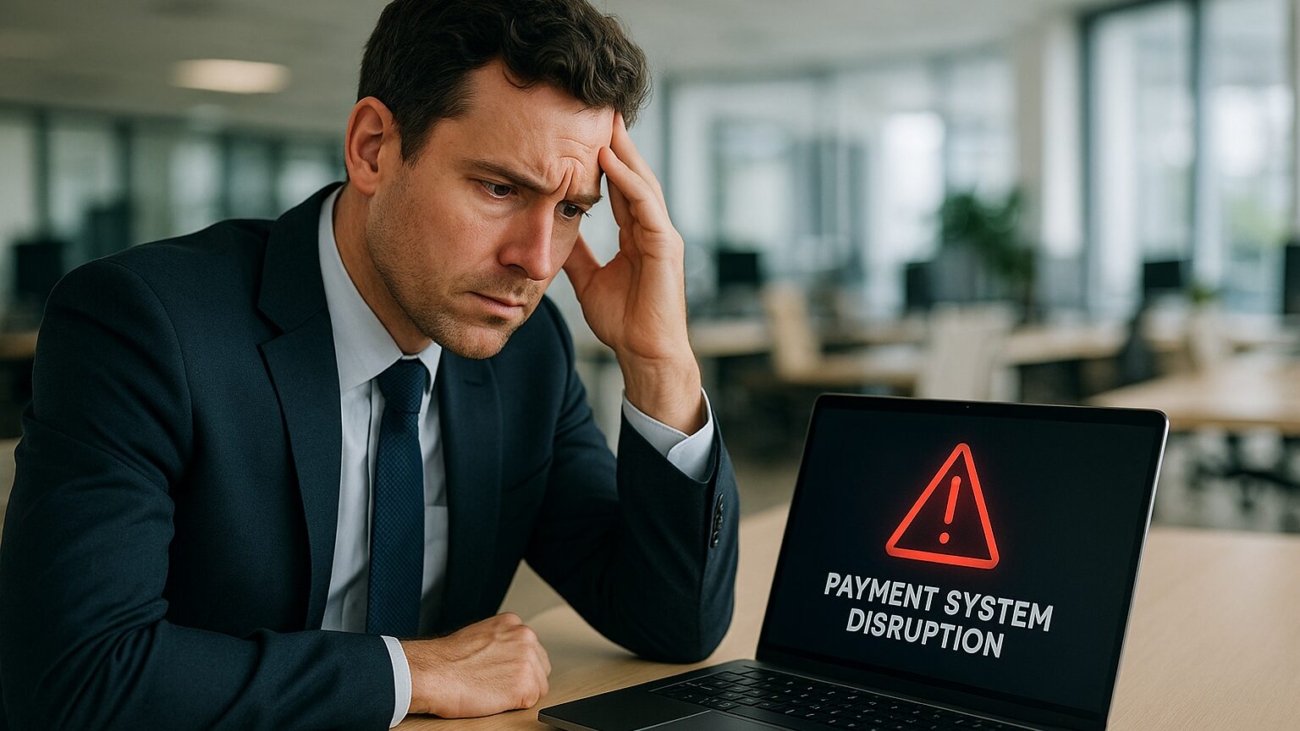 Business professional concerned at laptop showing payment system disruption