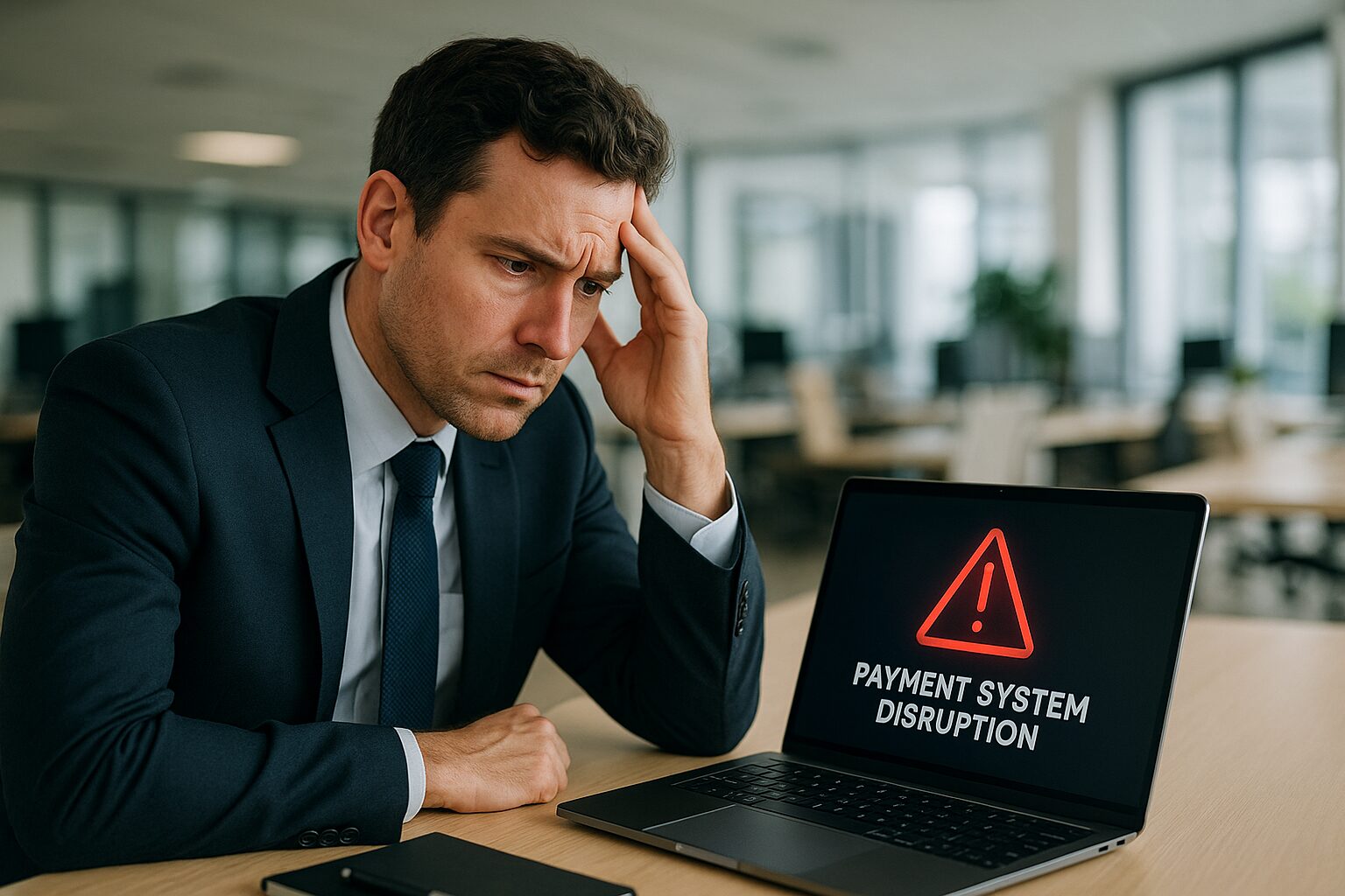 Business professional concerned at laptop showing payment system disruption