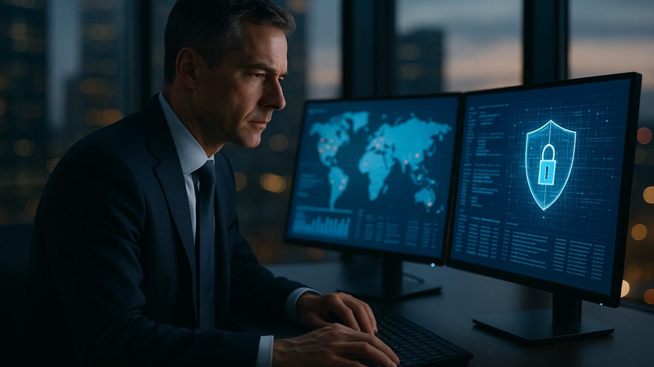 Business executive reviewing cybersecurity threat data in modern office at dusk