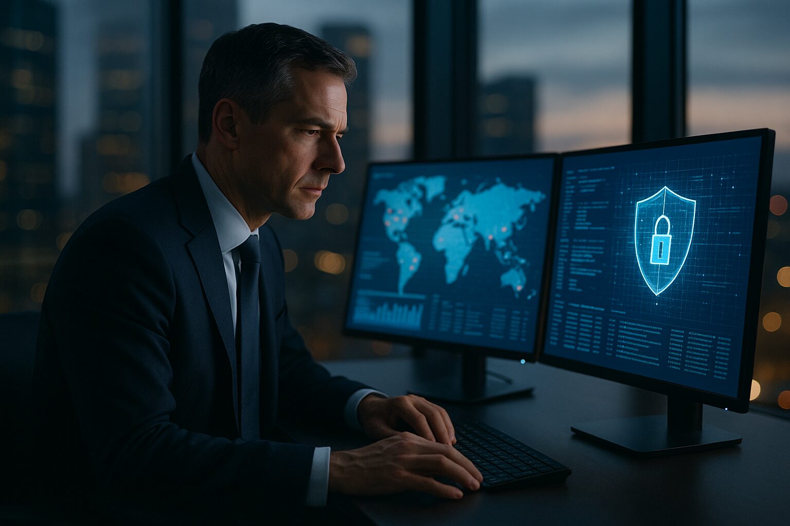 Business executive reviewing cybersecurity threat data in modern office at dusk