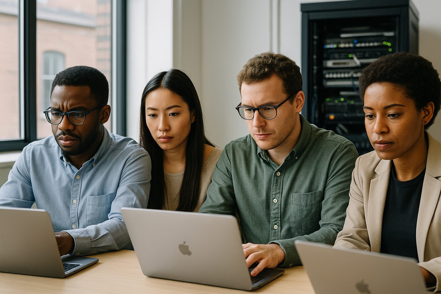 A small team working in a modern office setting with visible IT infrastructure in the background, illustrating a right-sized technology stack.