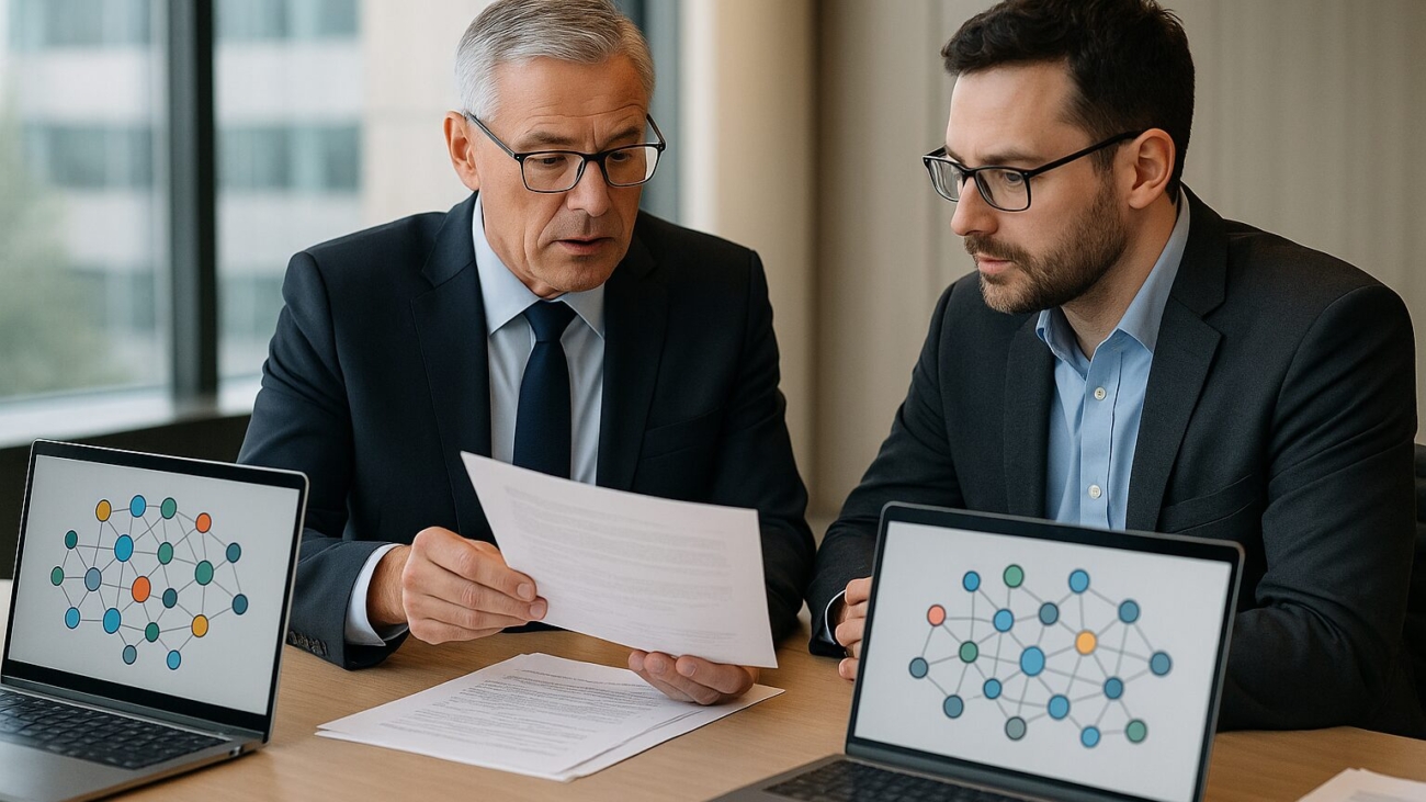 Business executive and IT director reviewing vendor security contracts