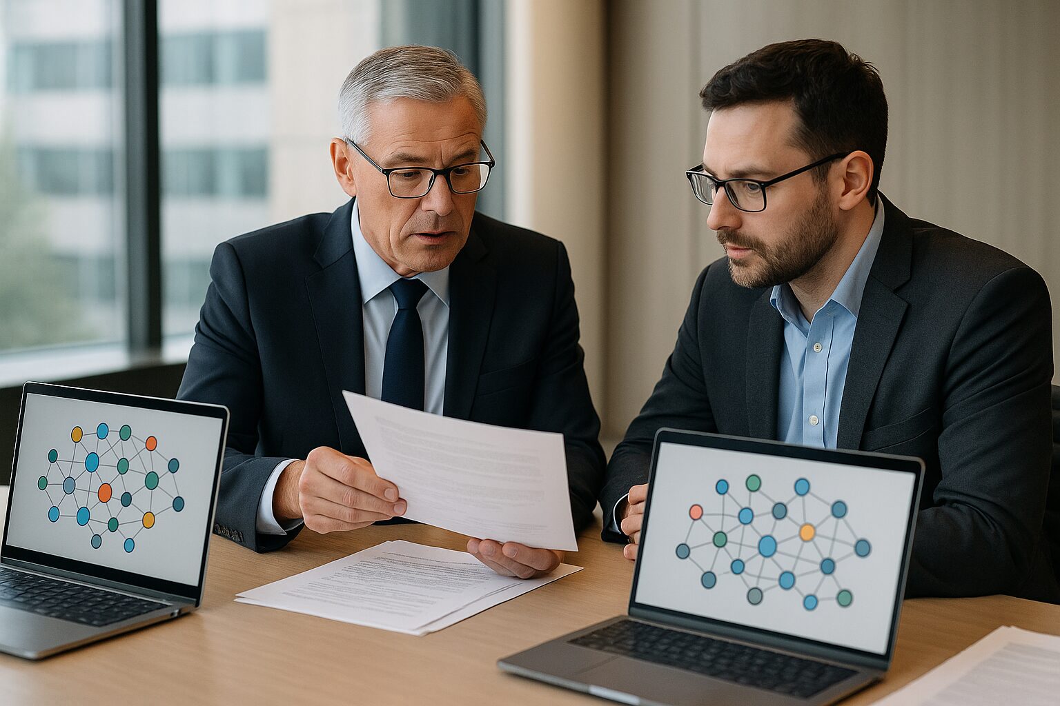 Business executive and IT director reviewing vendor security contracts