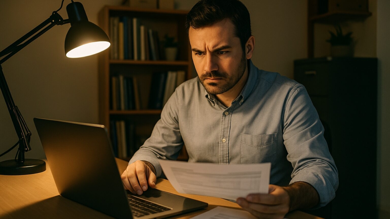 Small business owner studying security documentation at desk