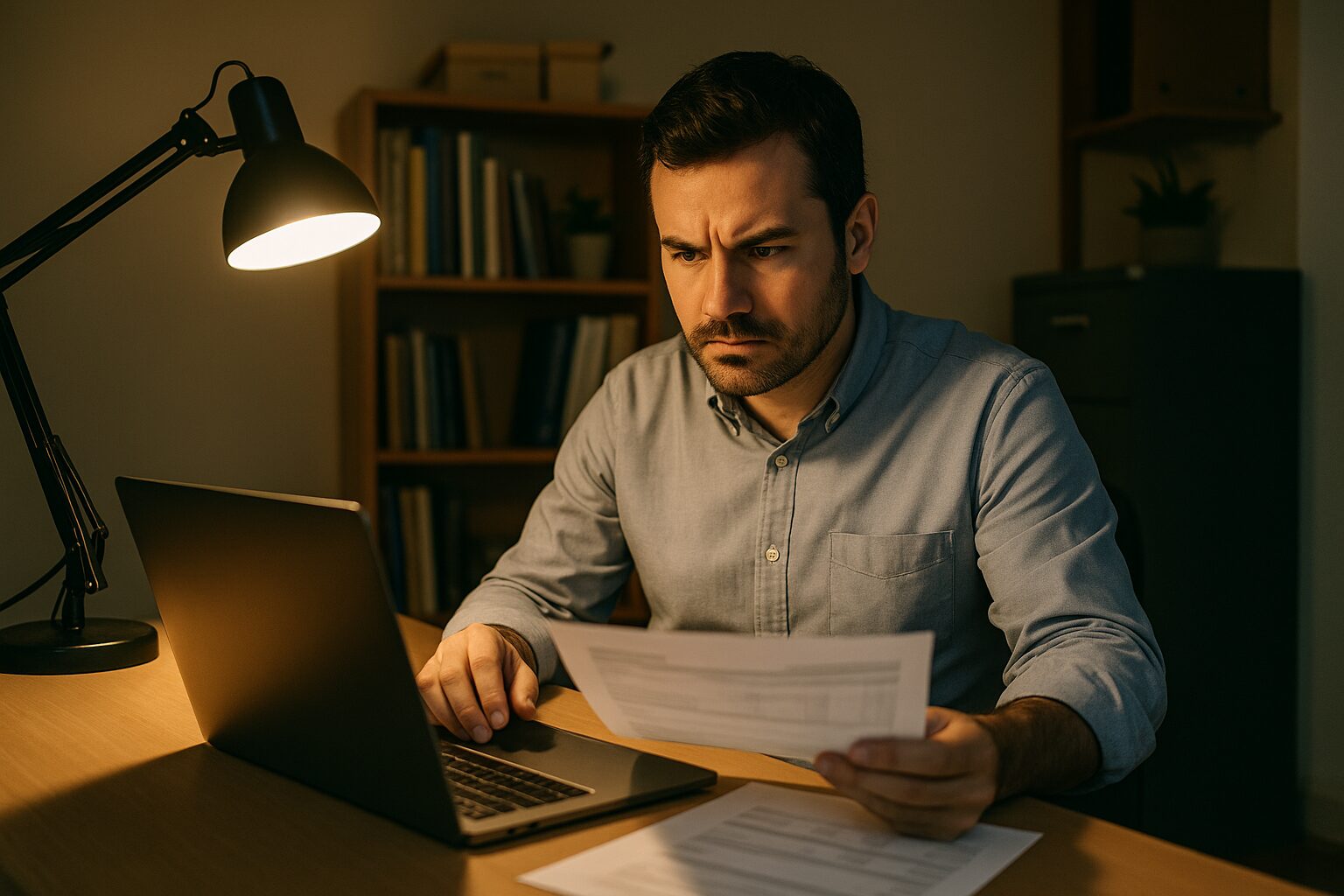 Small business owner studying security documentation at desk