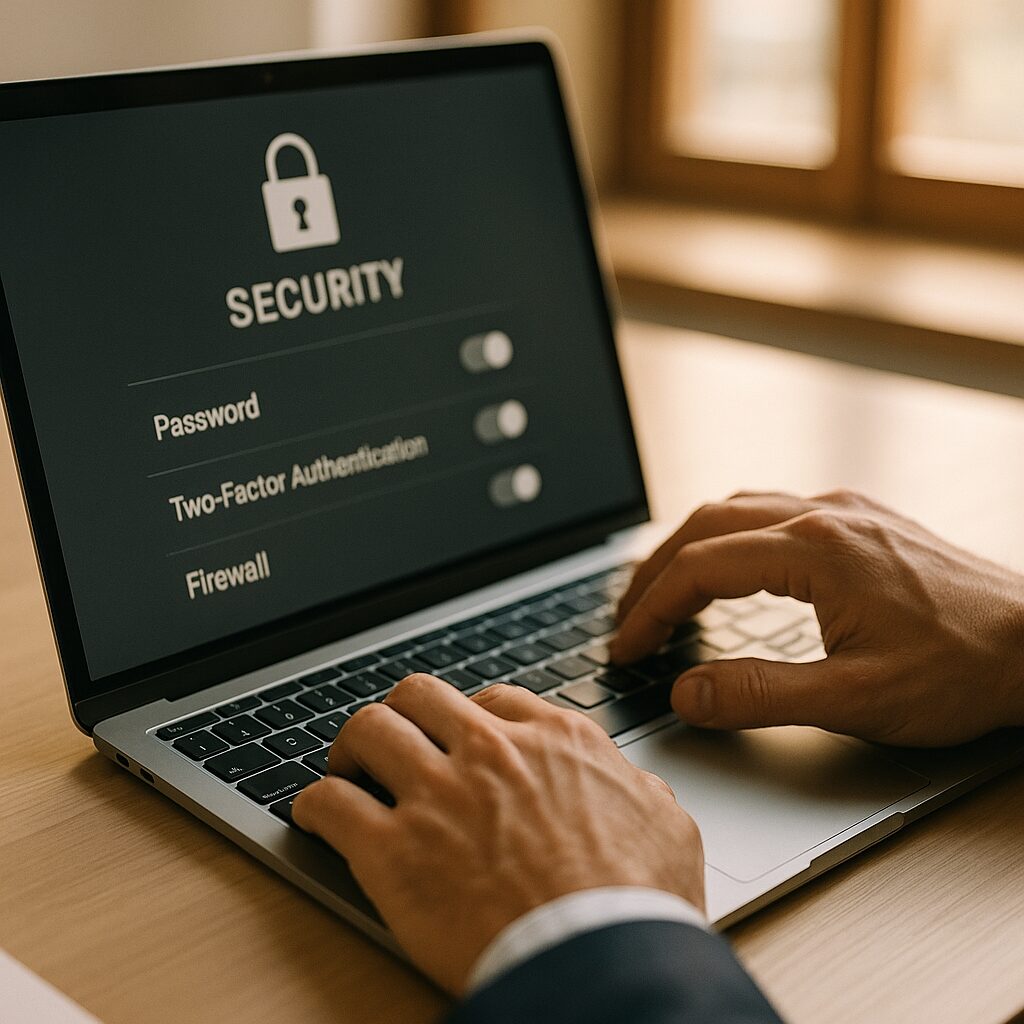 Hands typing on laptop with security configuration screen