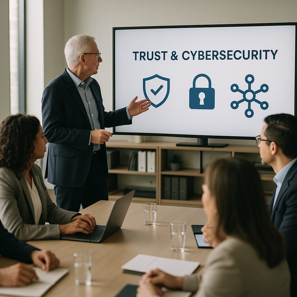 Senior manager presenting a cybersecurity and trust strategy slide to company leaders in a modern office.