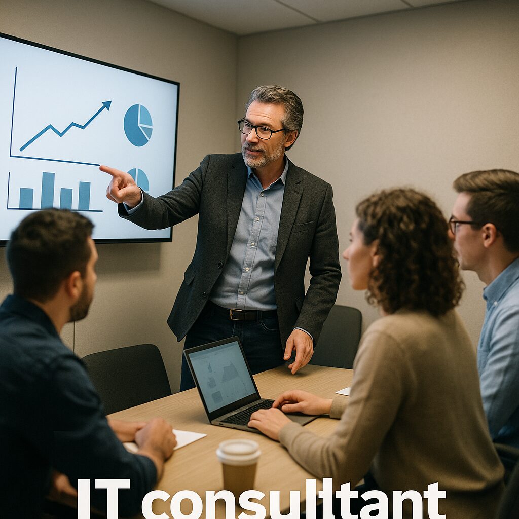 IT consultant discussing cybersecurity strategy with small team, pointing to a screen in a well-lit conference room.