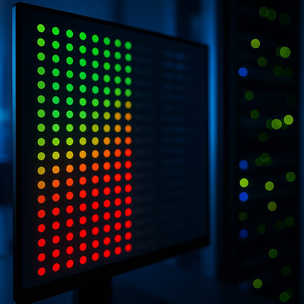 Network operations center monitor showing system alerts