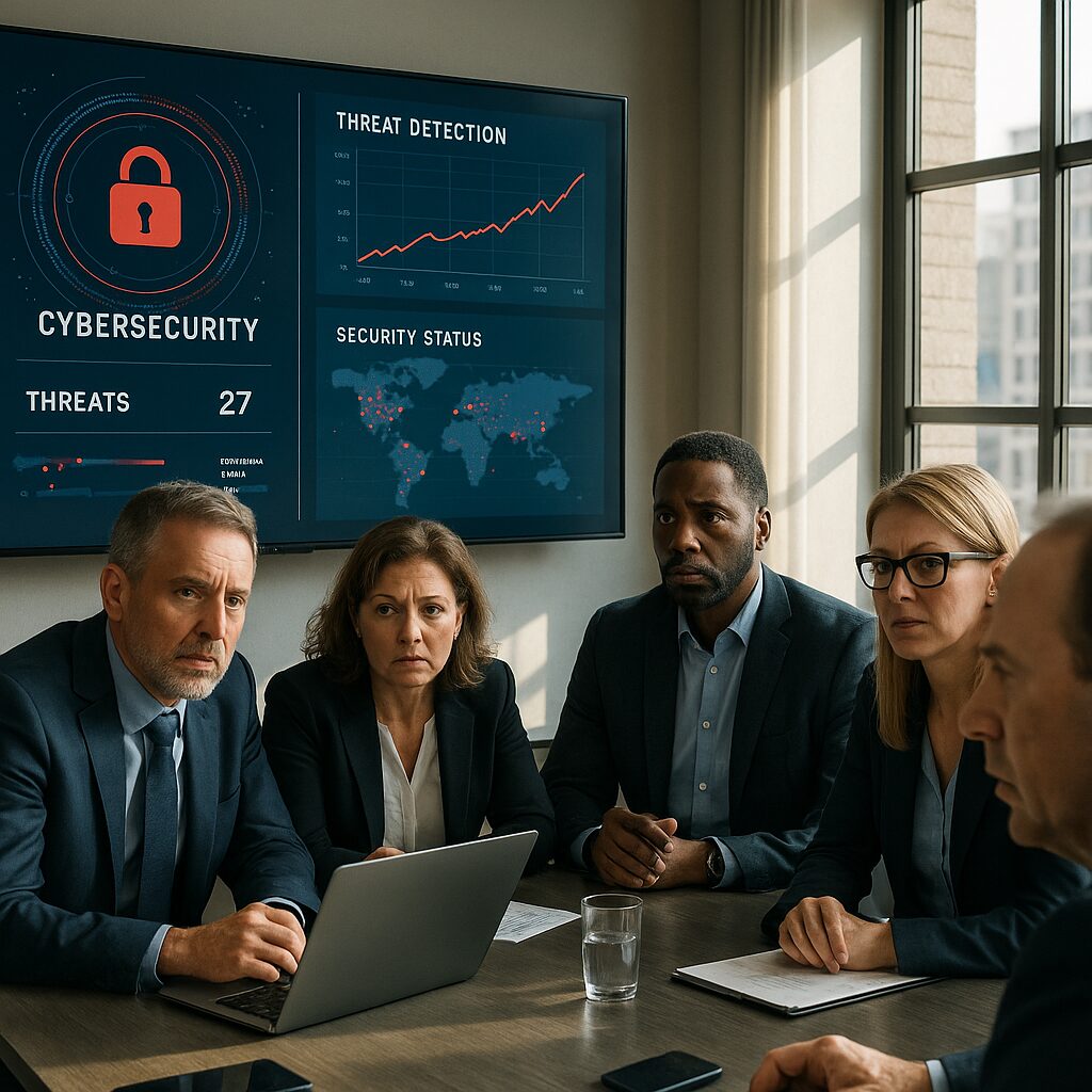 Business executives evaluating cybersecurity threats in a glass-walled boardroom.
