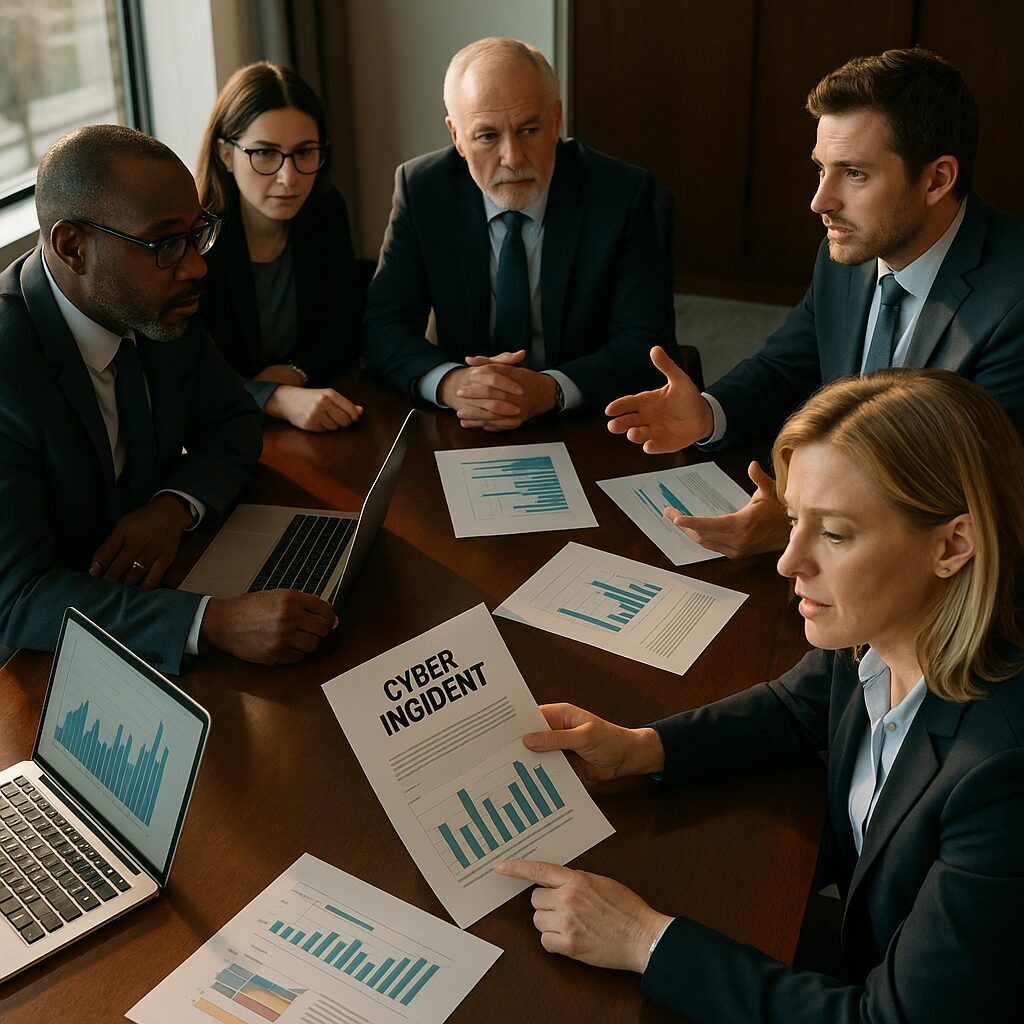A leadership team reviews ransomware incident reports in a corporate boardroom during an emergency meeting.