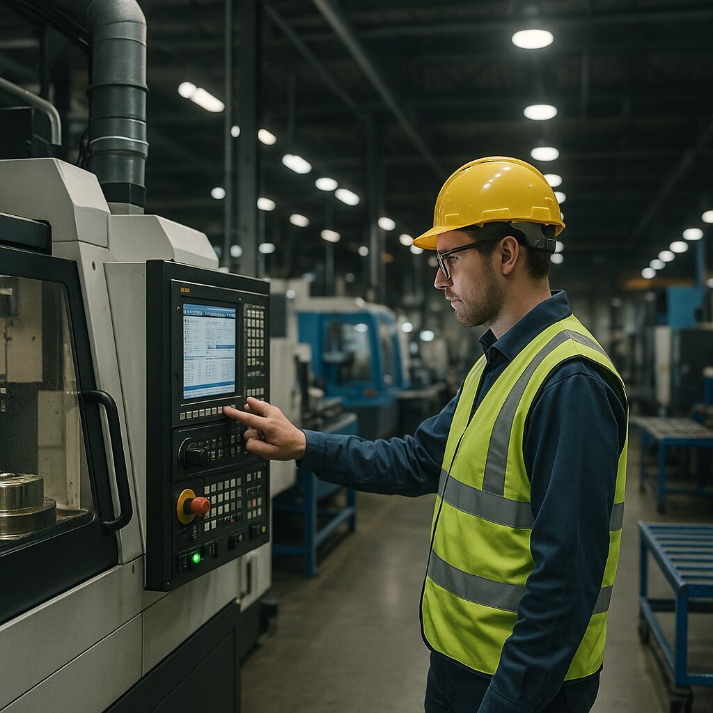 Manufacturing worker checking connected digital control panel on factory floor