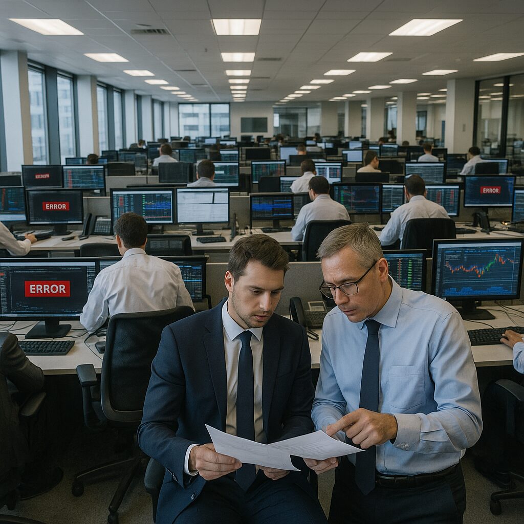 Financial services office with professionals reviewing system errors
