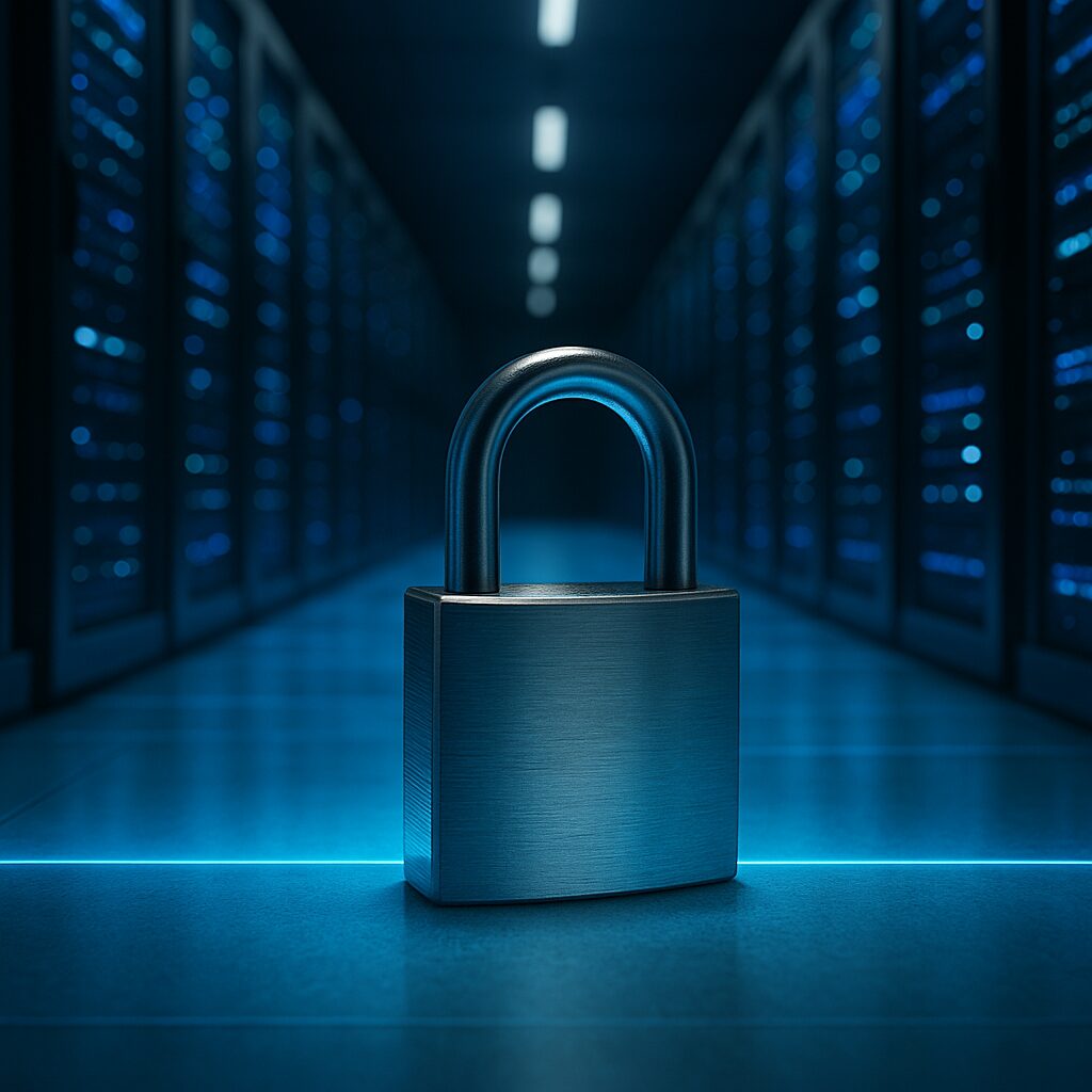 Padlock in server room with illuminated server racks