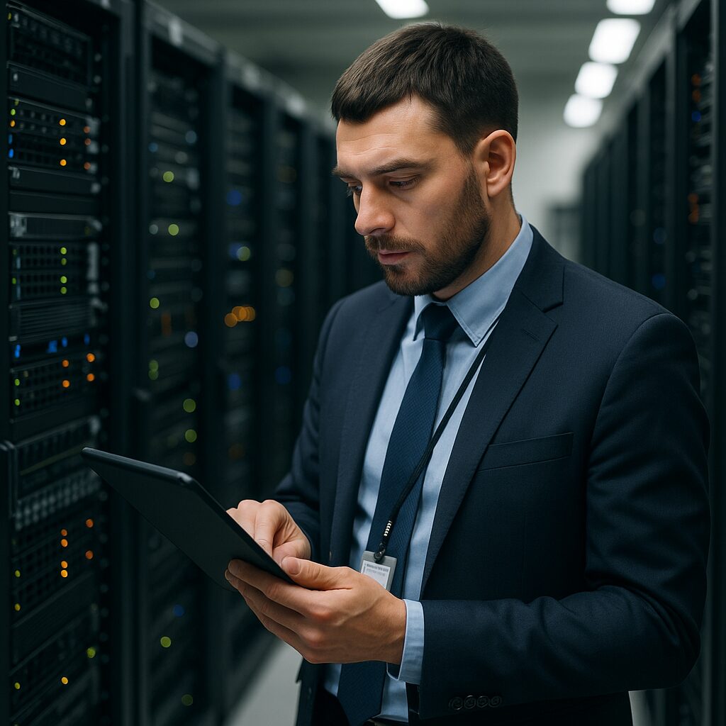 Corporate server room with IT manager checking secure systems