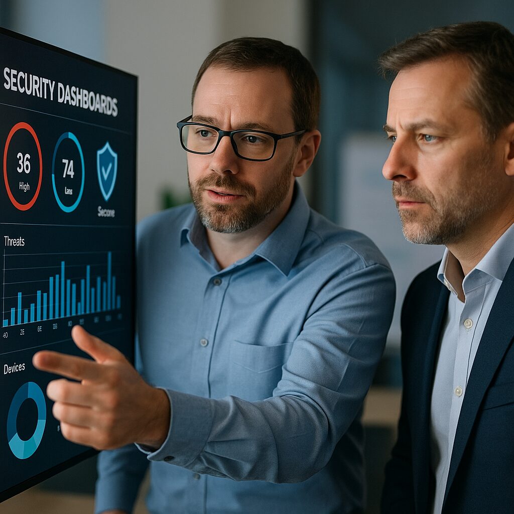 Business owner and IT provider reviewing security dashboards together in a professional office, highlighting cost-efficient IT management.