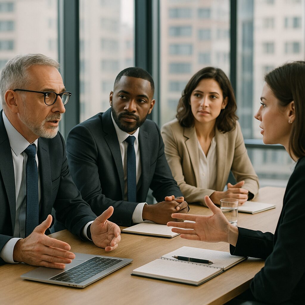 Business executives in a modern boardroom discussing cybersecurity strategy with serious attentive expressions.