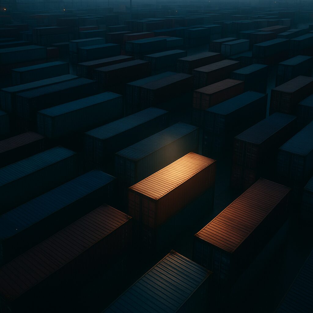 Aerial view of interconnected shipping containers representing supply chain