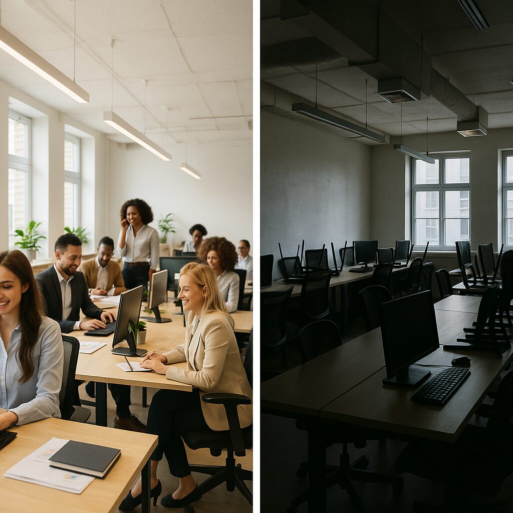 Contrast between active thriving office and empty closed business office