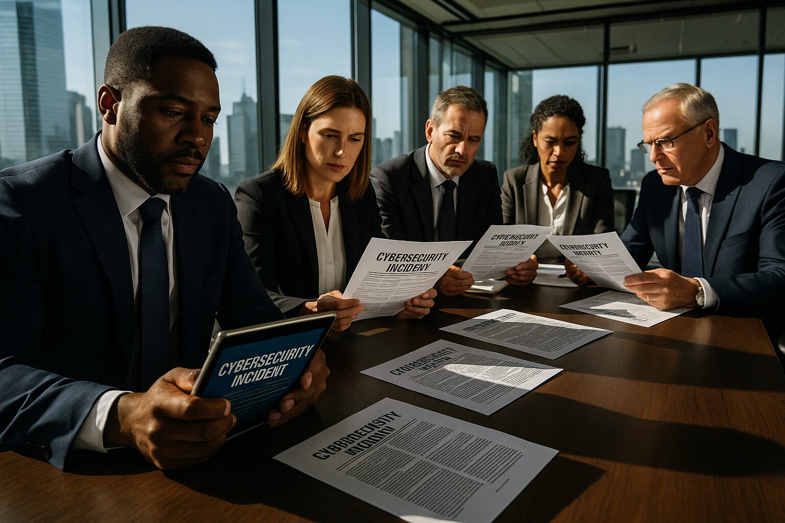 Business executives in boardroom reviewing cybersecurity incident documents.