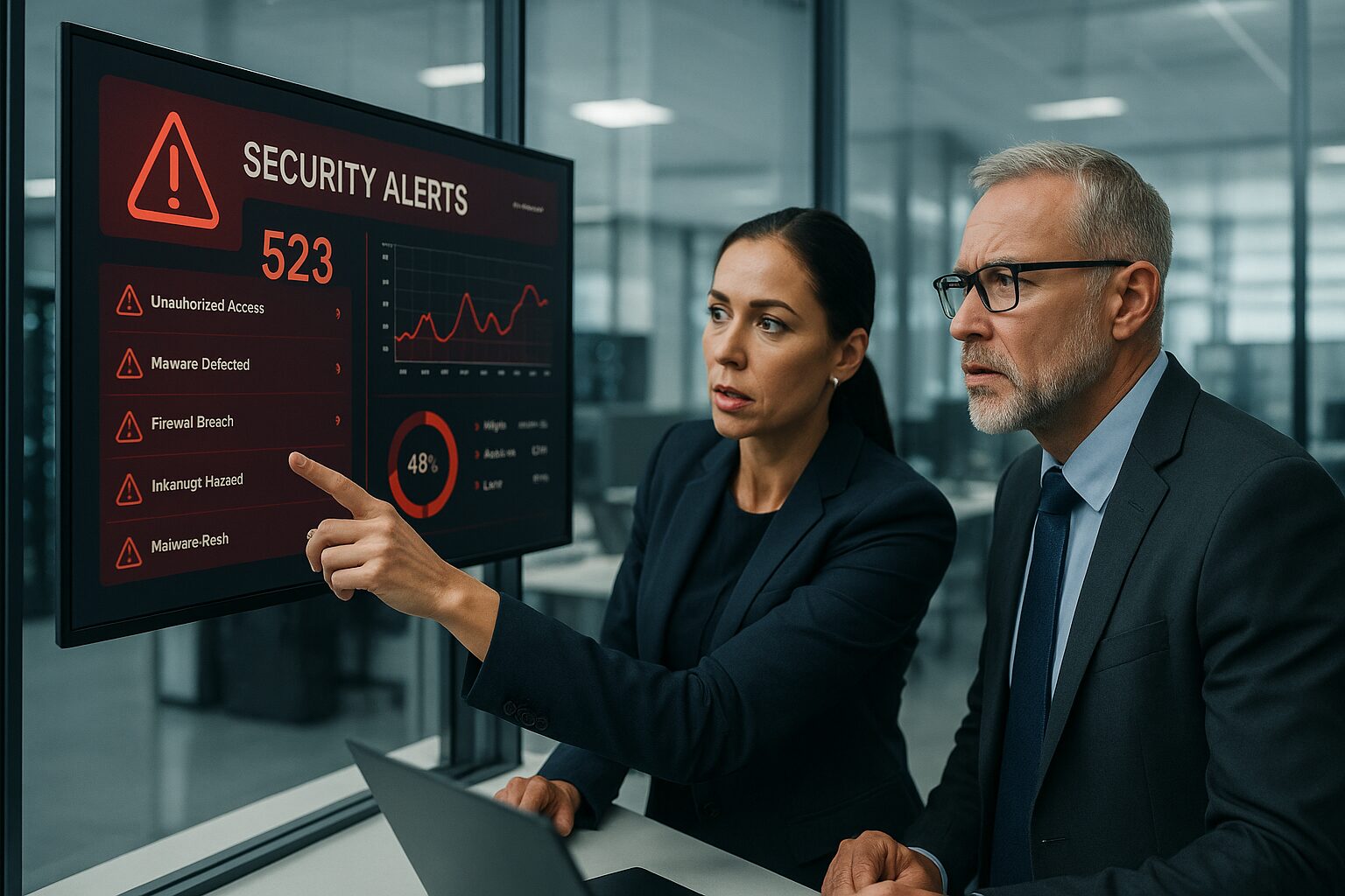 Executives reviewing cybersecurity alerts in a modern office with server equipment visible
