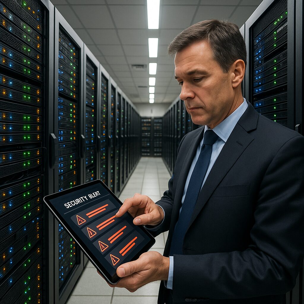 Professional reviewing server room security status on a tablet, surrounded by active server racks.