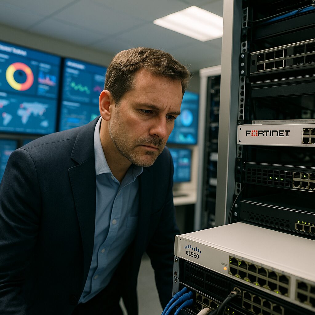 Technology manager inspecting server racks with Fortinet and Cisco equipment.
