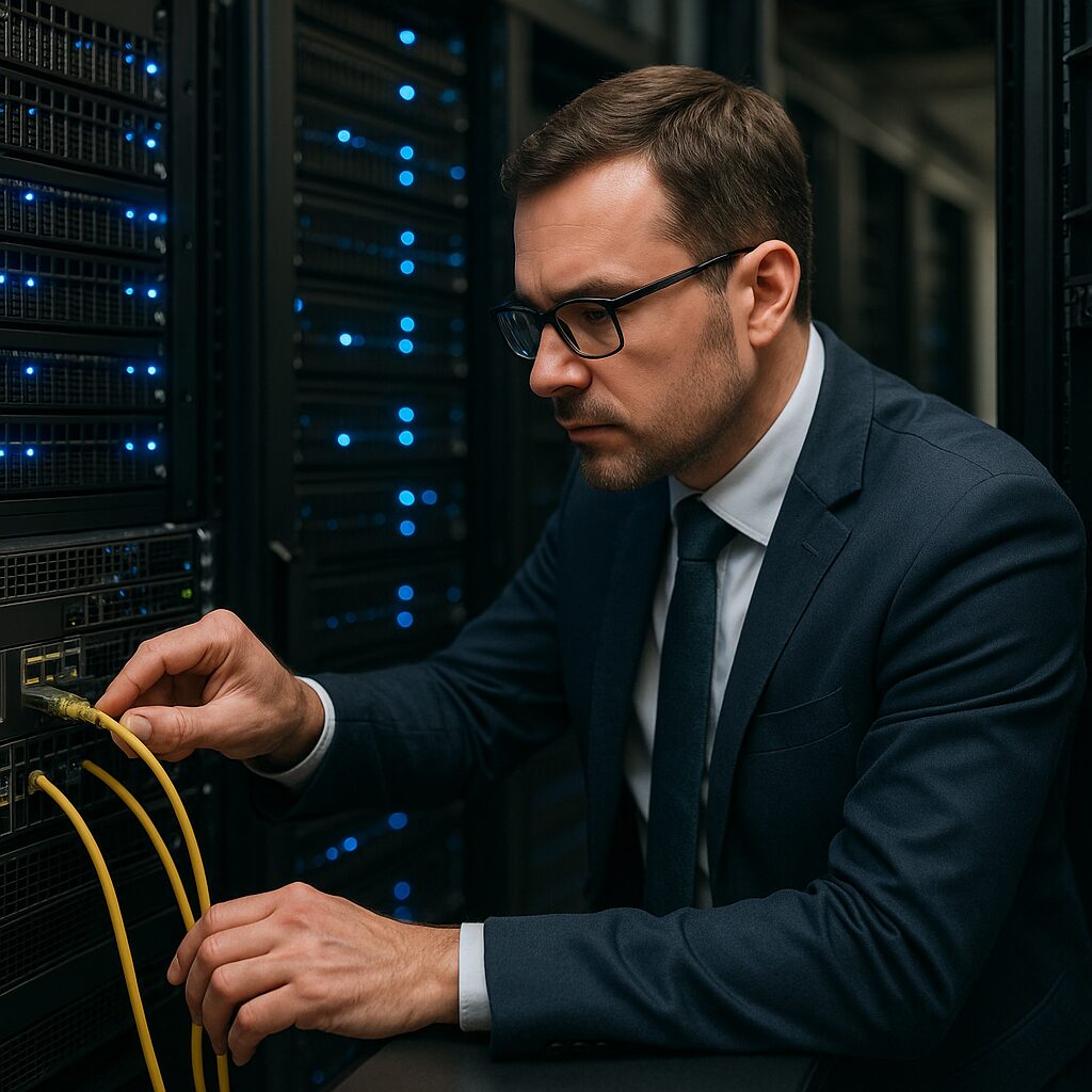 IT manager performing maintenance in a professional server room
