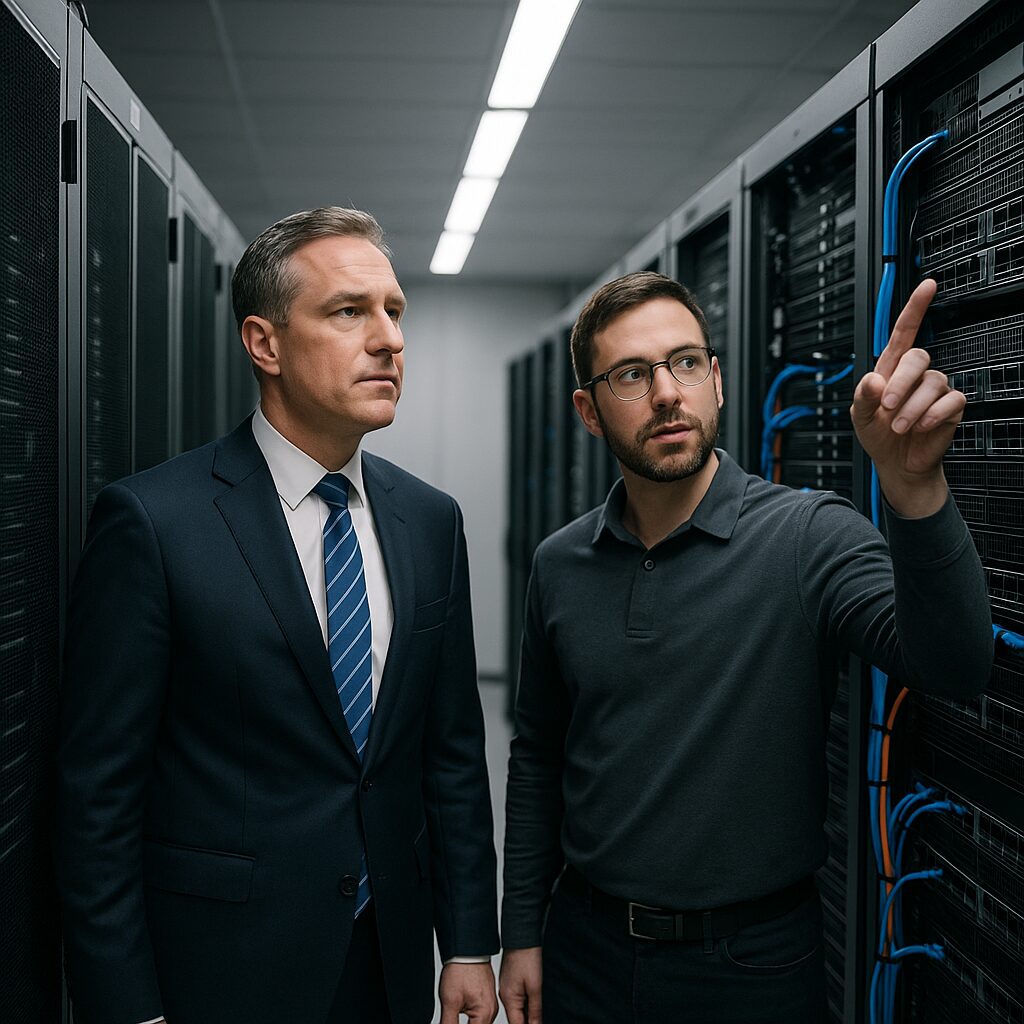 Executive and IT manager inspect servers in a secure server room with modern equipment.