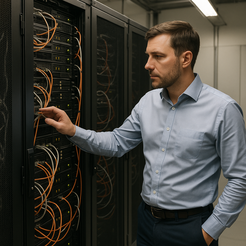 IT manager inspects server room at water utility company with visible control equipment