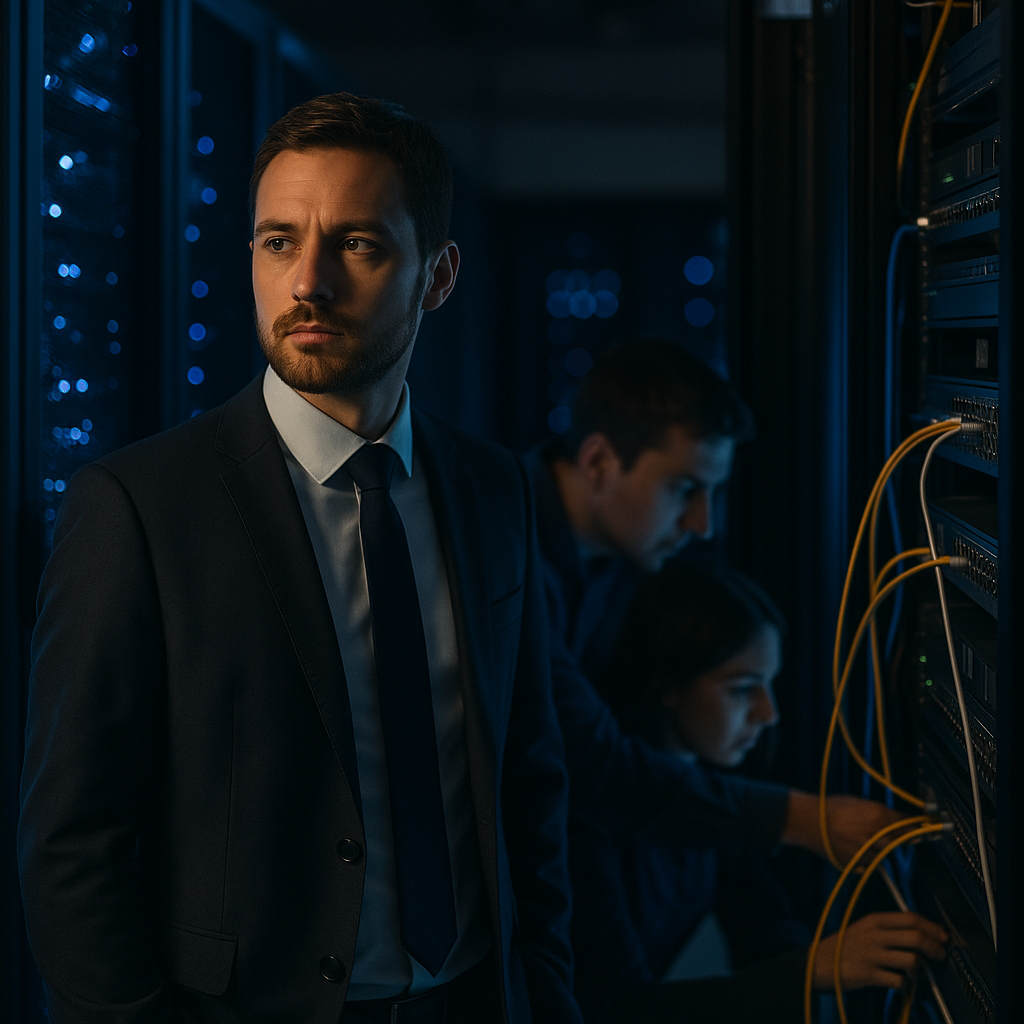 IT manager oversees technicians in a secure server room environment