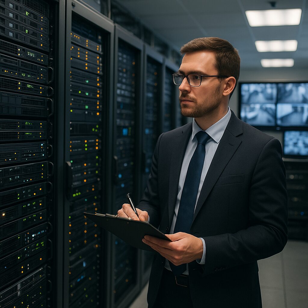 Server room with IT manager monitoring security systems
